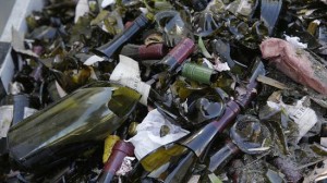 Broken bottles fill a grape bin at Saintsbury winery in Napa after Sundays earthquake. (credit Eric Risberg)